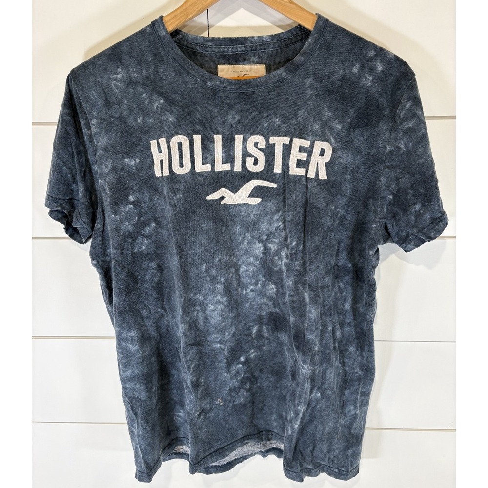 Hollister Adult Large L Tie Dye Logo T-Shirt Navy Blue White Graphic Tee Cotton